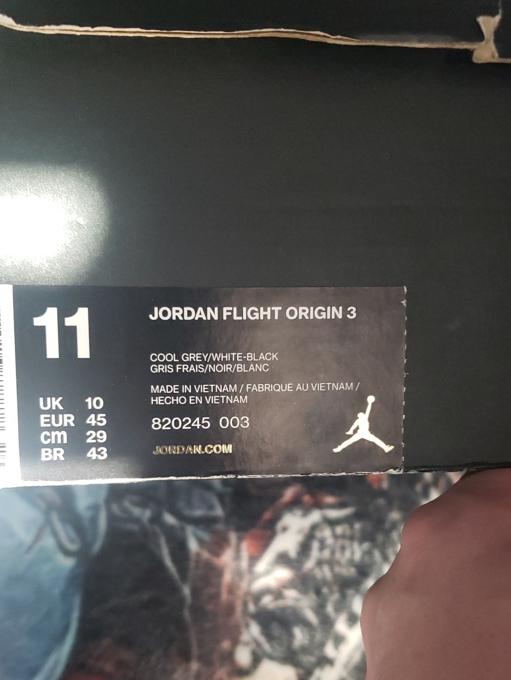 Jordan Flight Origin 3 Cool Grey White Black Box Label - Size 11